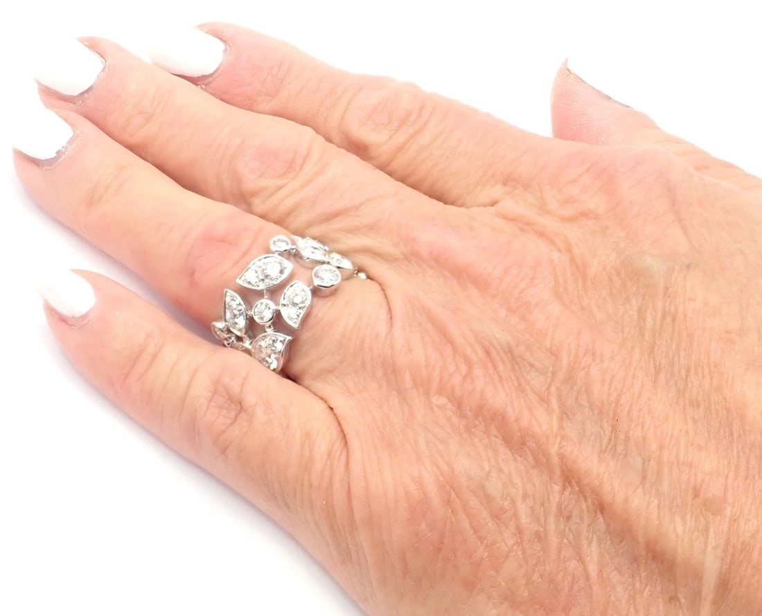 Authentic! Cartier 18k White Gold Diamond Leaf Wide Band Ring Size 53 - 7