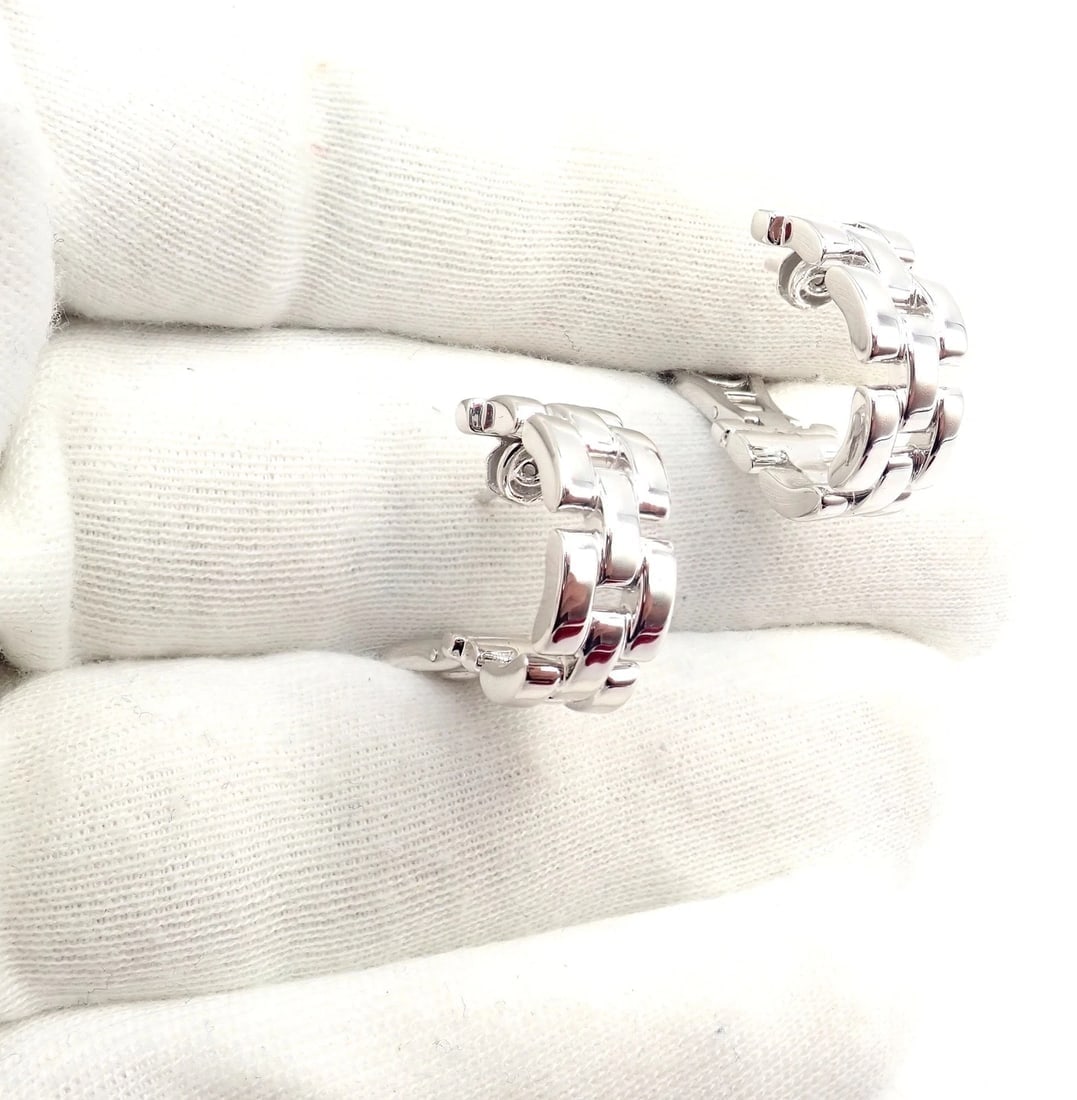 Authentic! Cartier Maillon Panthere 18K White Gold Three Row Link Hoop Earrings - 10