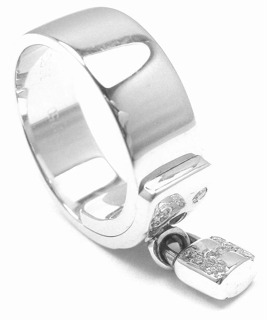 Authentic! Hermes 18k White Gold Diamond "H" Lock Band Ring Size 5 - 4