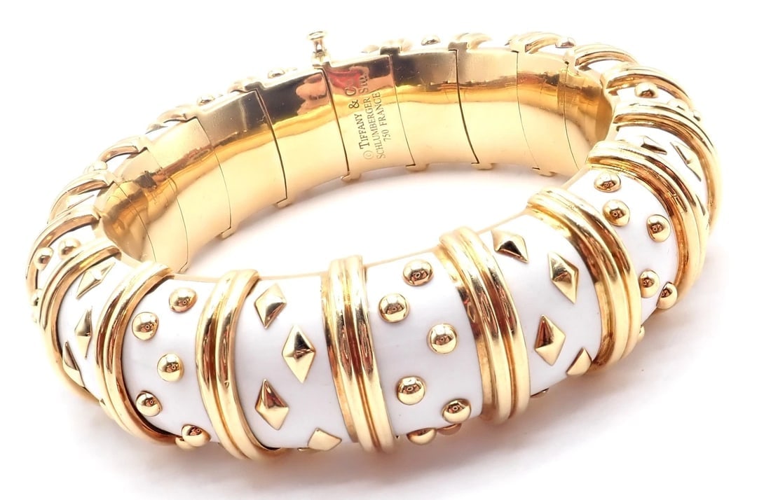 Tiffany & Co Schlumberger Dot Losange 18k Yellow Gold Enamel Bangle Bracelet - 10