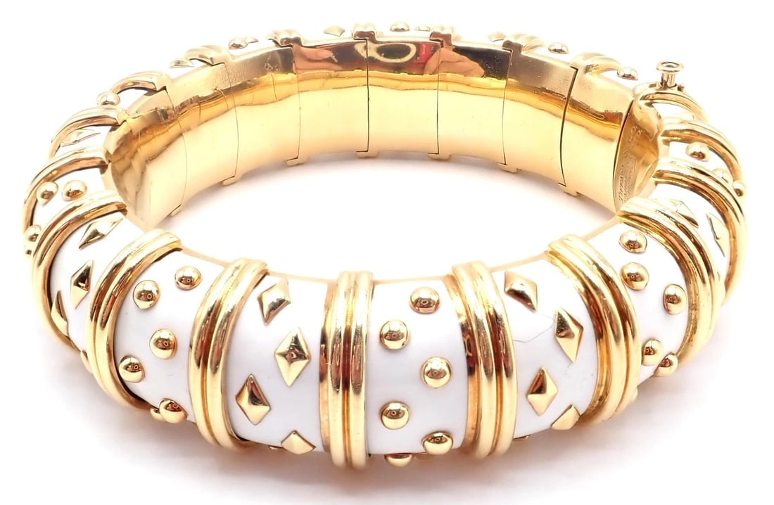 Tiffany & Co Schlumberger Dot Losange 18k Yellow Gold Enamel Bangle Bracelet - 4