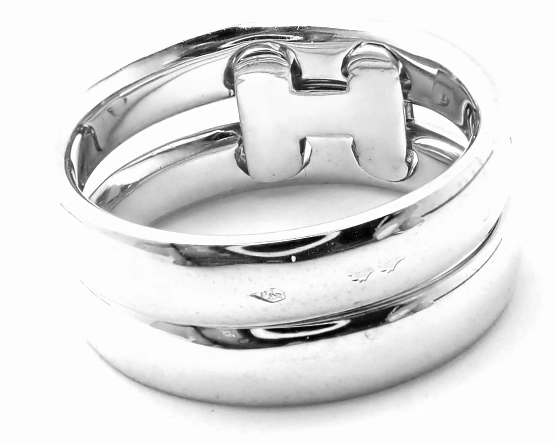 Authentic! Hermes 18k White Gold Diamond H Double Band Flex Band Ring - 4
