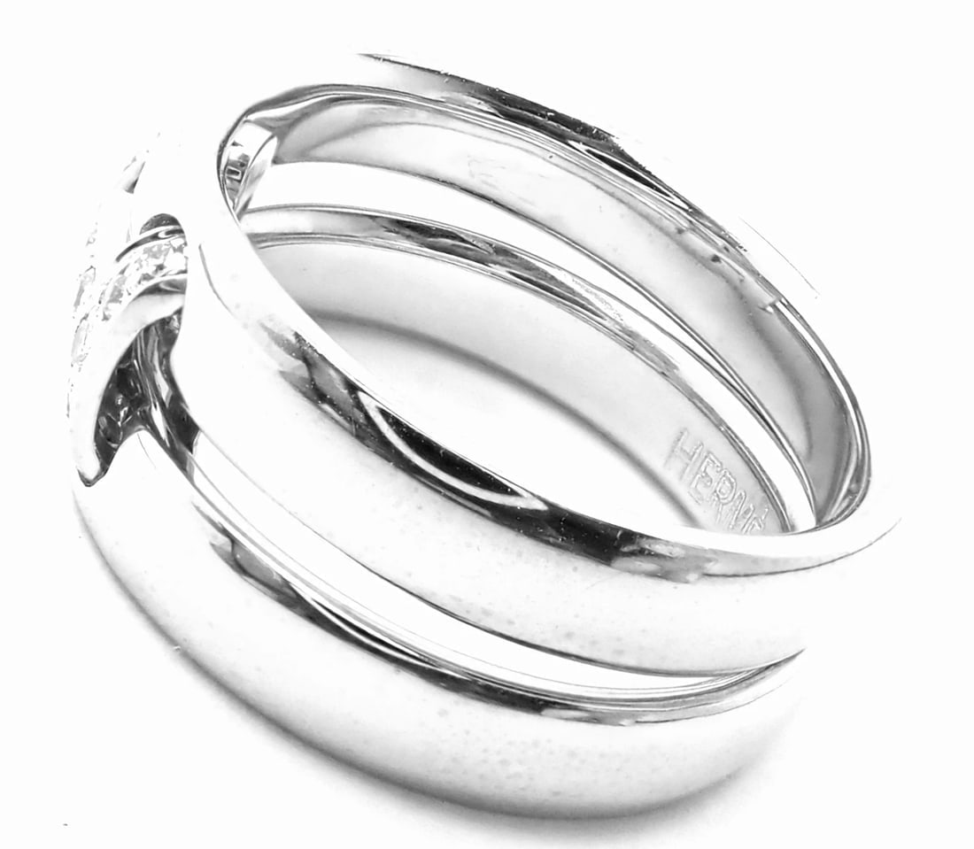 Authentic! Hermes 18k White Gold Diamond H Double Band Flex Band Ring - 5