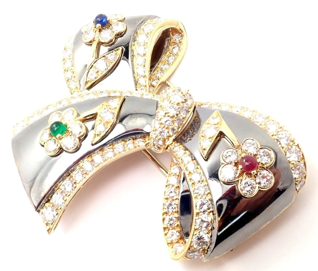 Rare Van Cleef & Arpels 18k Gold Diamond Ruby Emerald Sapphire Flower Pin Brooch - 6