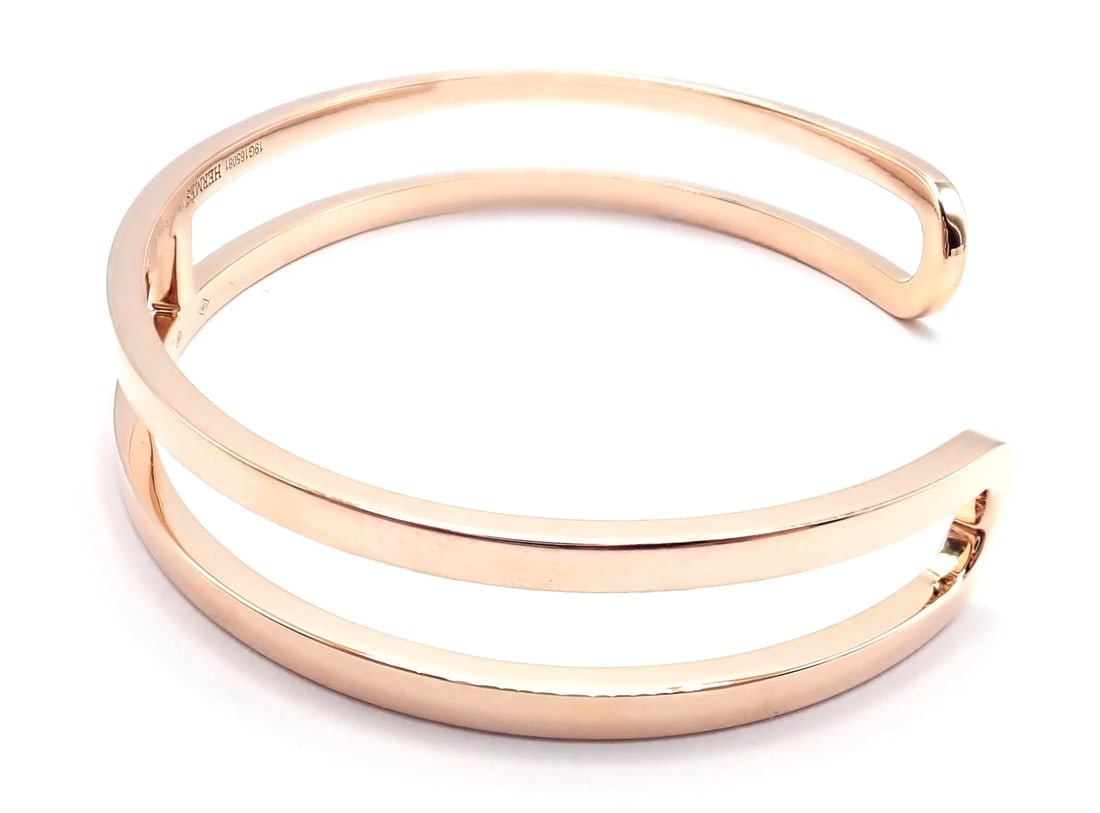 Authentic! Hermes 18k Rose Gold H Open Cuff Bangle Bracelet - 5