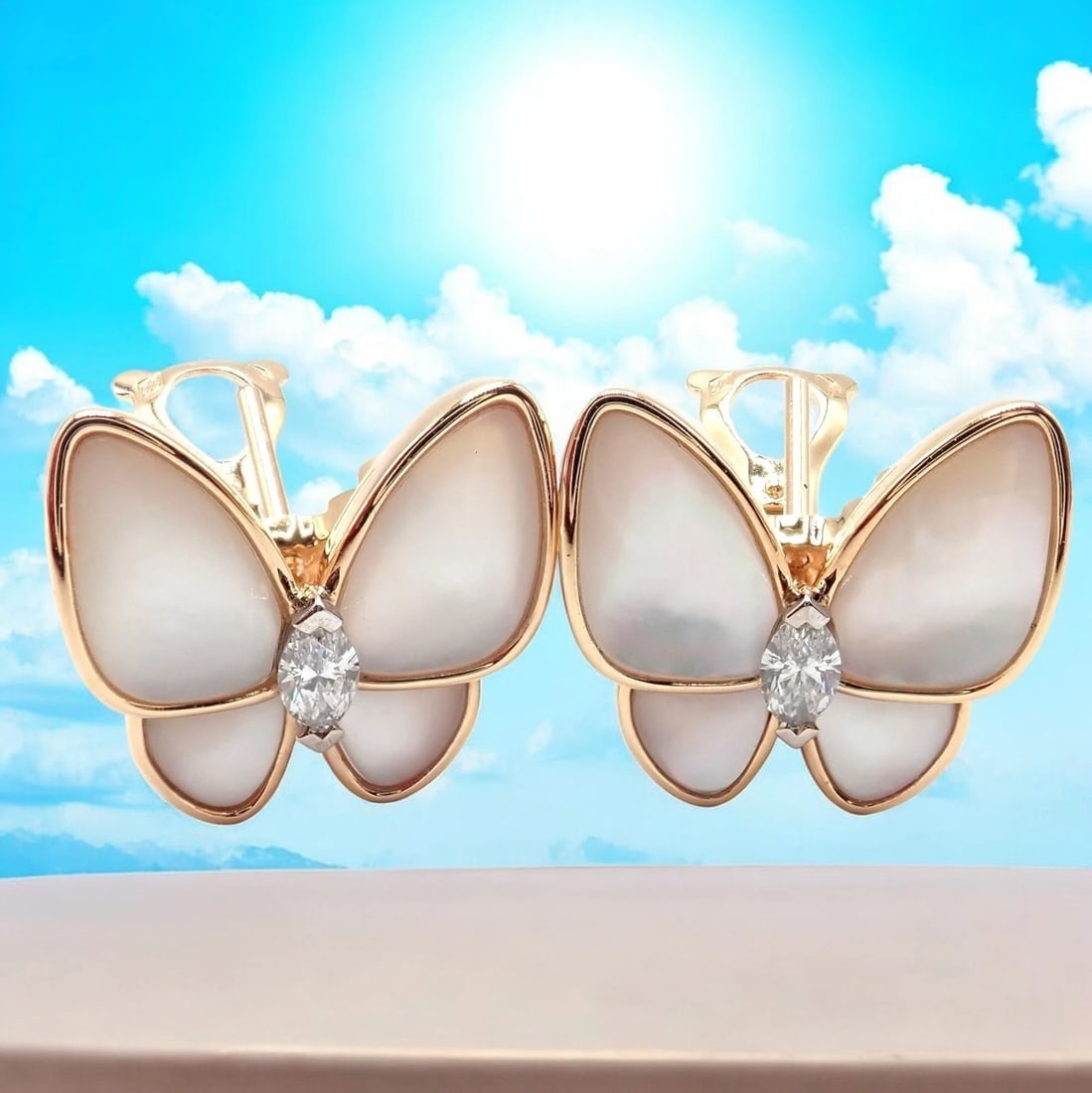Van Cleef & Arpels 18k Rose Gold Diamond MoP Two Butterfly Earrings Cert - 2