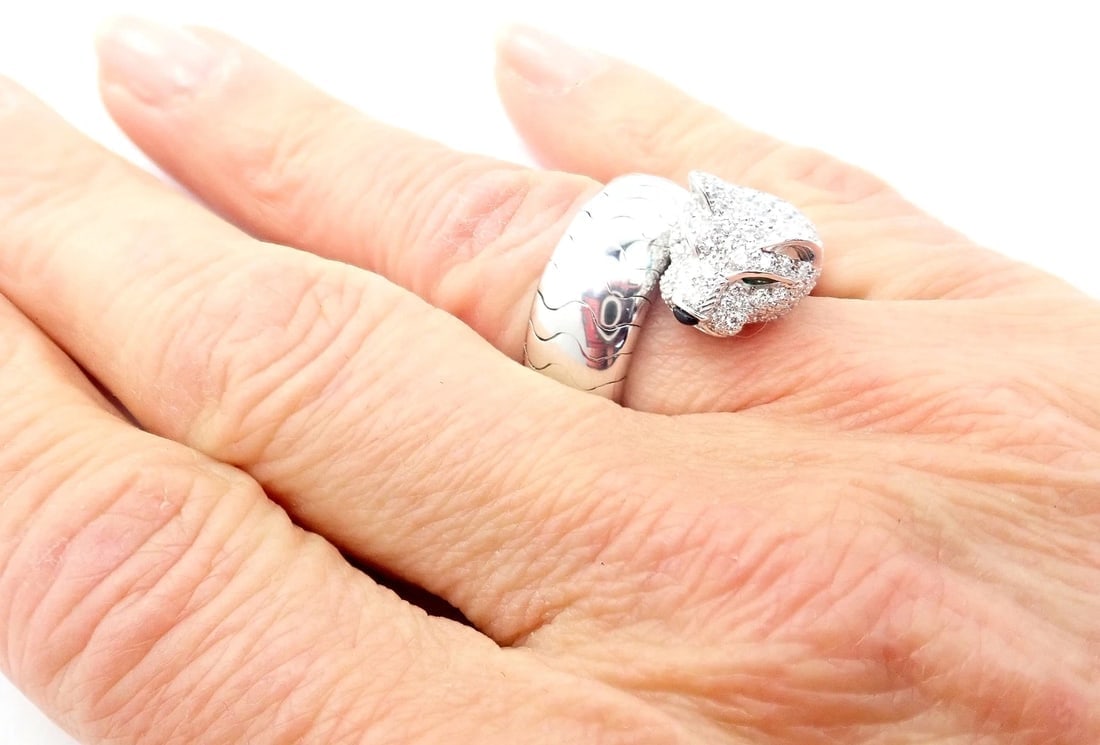 Authentic! Cartier Panther 18k White Gold Diamond Emerald Onyx Band Ring Cert. - 10