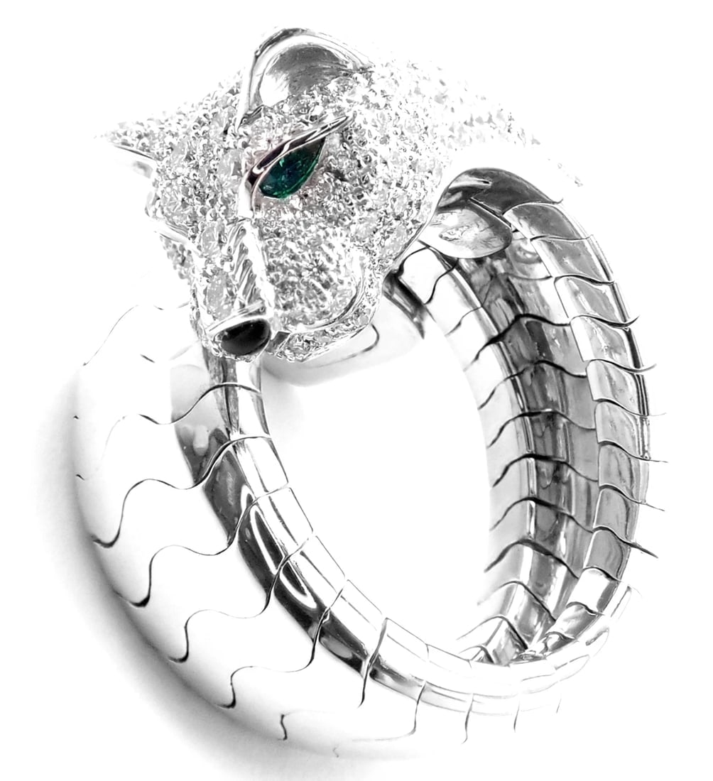 Authentic! Cartier Panther 18k White Gold Diamond Emerald Onyx Band Ring Cert. - 13