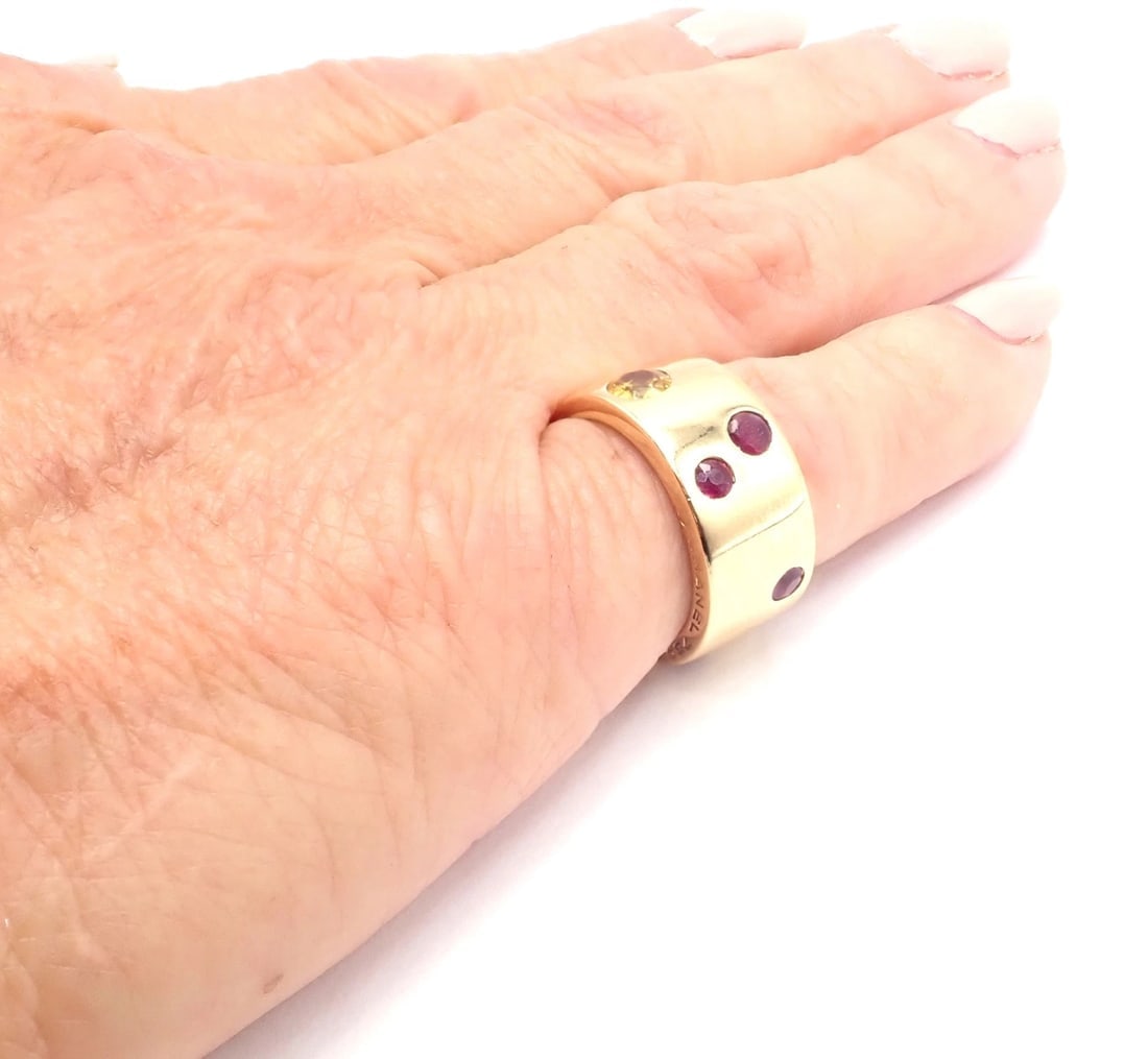 Authentic! Chanel 18k Yellow Gold Ruby Yellow Sapphire Wide Band Ring Size 5 - 10