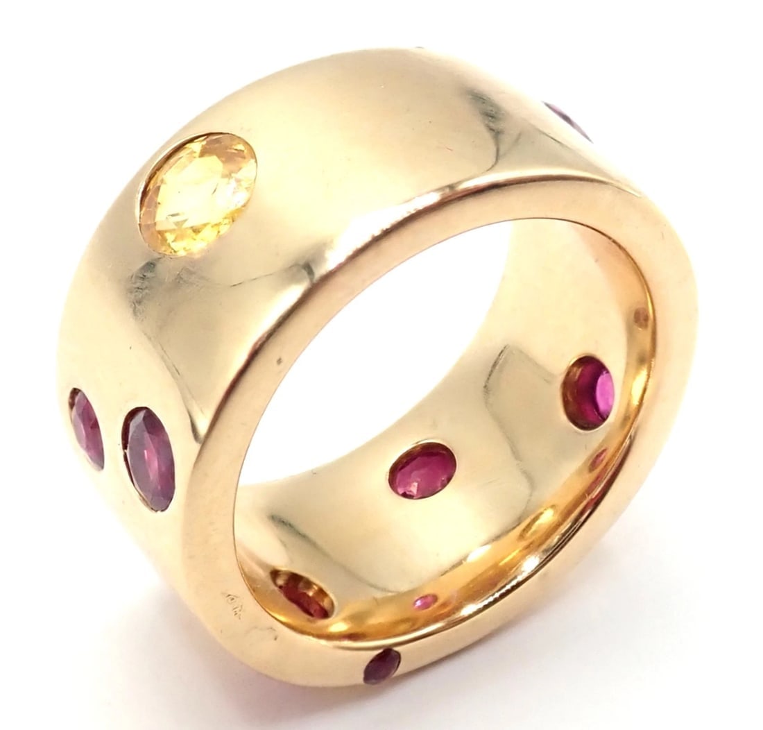Authentic! Chanel 18k Yellow Gold Ruby Yellow Sapphire Wide Band Ring Size 5 - 5