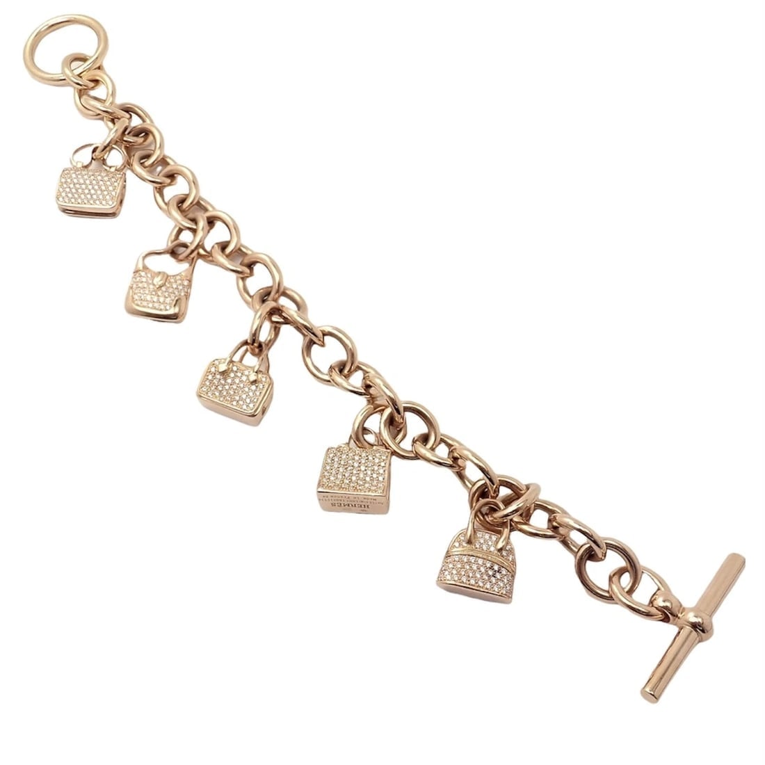 Authentic! Hermes 18k Rose Gold Diamond Signature Iconic Bag Charm Link Bracelet - 12