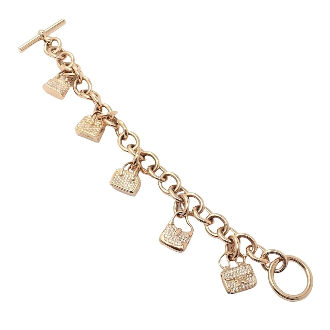 Authentic! Hermes 18k Rose Gold Diamond Signature Iconic Bag Charm Link Bracelet - 4
