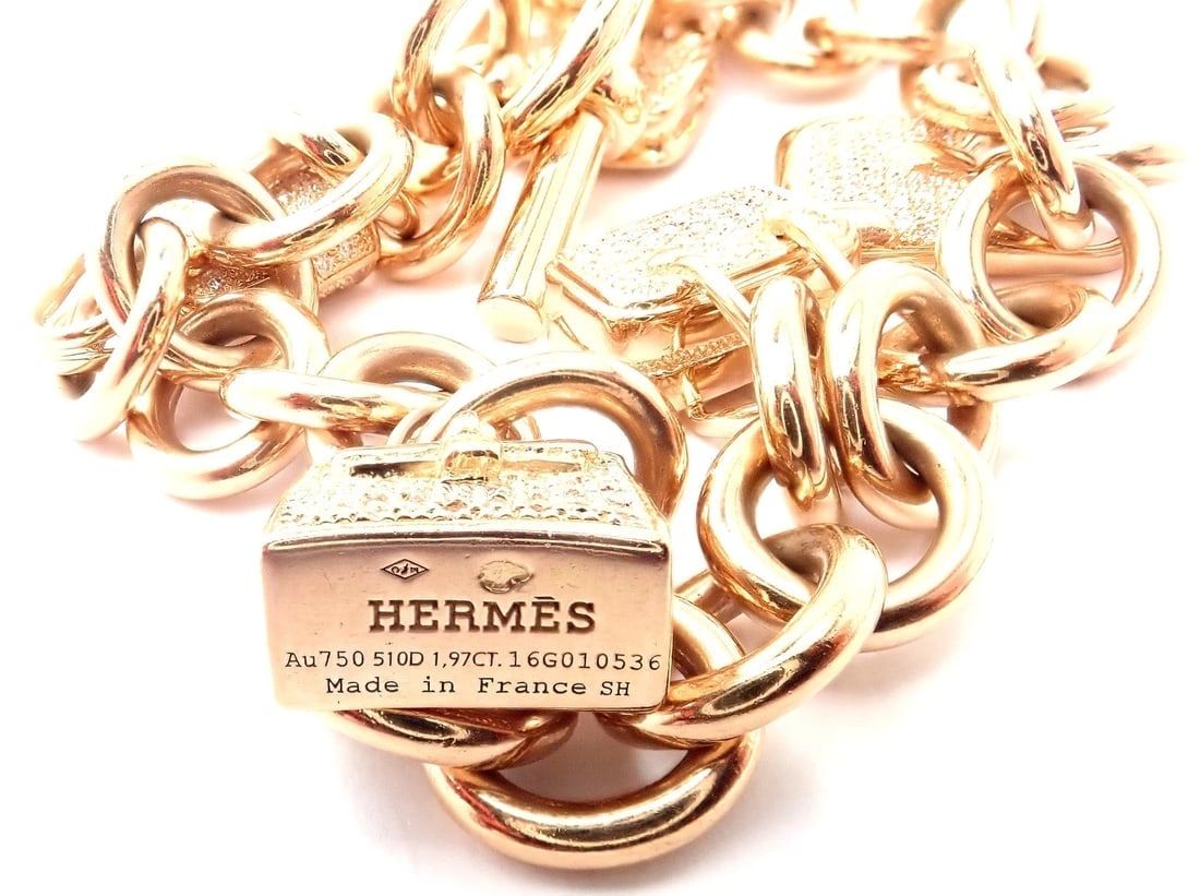 Authentic! Hermes 18k Rose Gold Diamond Signature Iconic Bag Charm Link Bracelet - 9