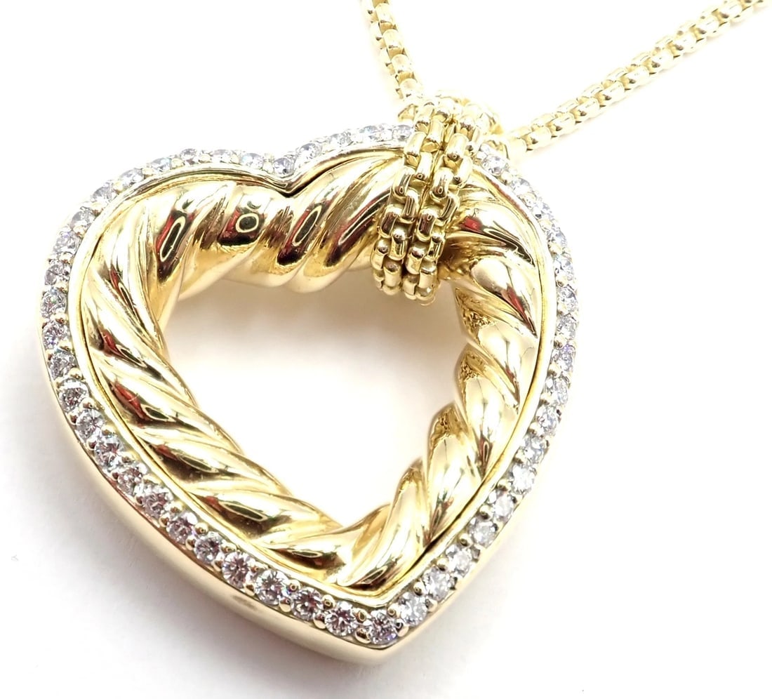 David Yurman Cable 18k Yellow Gold Diamond Large Heart Pendant Chain Necklace - 3