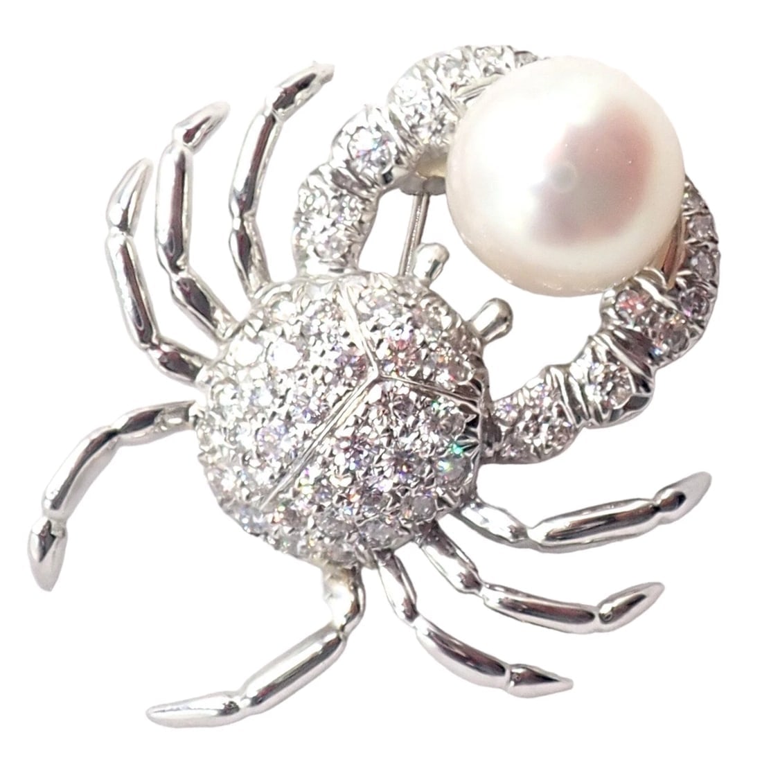 Rare! Authentic Tiffany & Co Platinum Crab 1.50ct Diamond 9mm Pearl Pin Brooch - 10