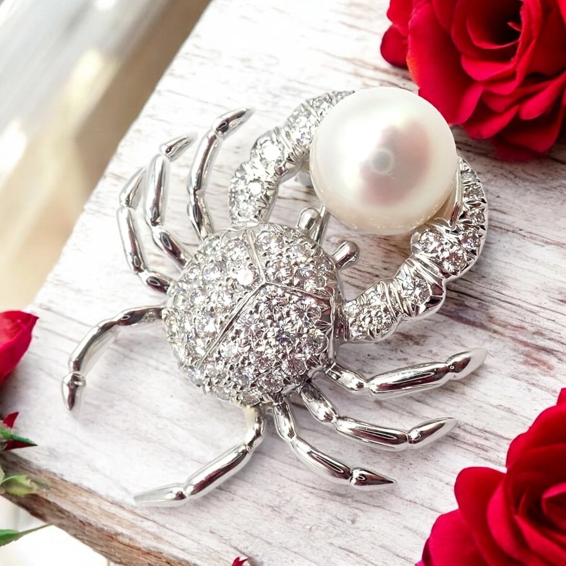 Rare! Authentic Tiffany & Co Platinum Crab 1.50ct Diamond 9mm Pearl Pin Brooch - 3