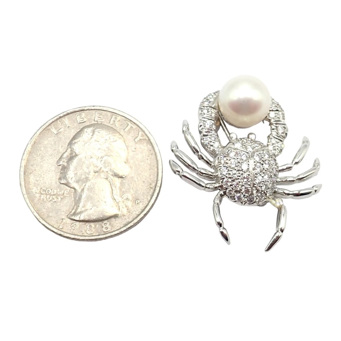 Rare! Authentic Tiffany & Co Platinum Crab 1.50ct Diamond 9mm Pearl Pin Brooch - 4