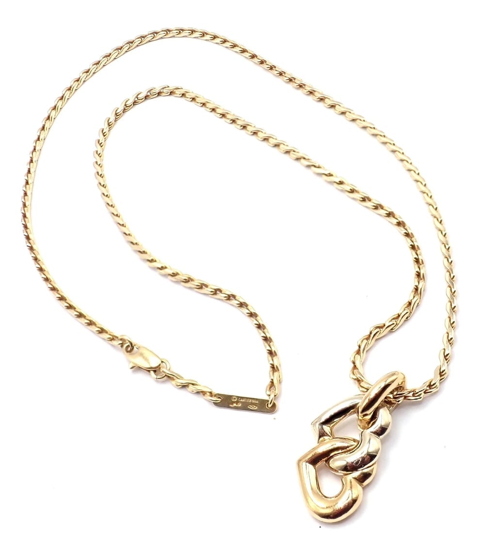 Authentic! Cartier 18k Yellow White Gold Double Heart Pendant Chain Necklace - 7