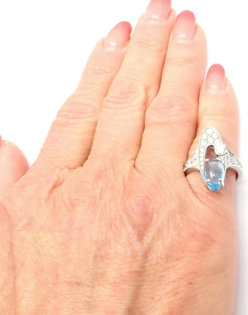 Rare! Authentic Bvlgari Bulgari Elysia 18k White Gold Diamond Blue Topaz Ring - 8