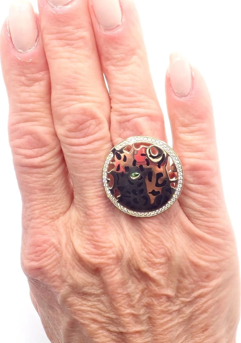 Authentic! Cartier Panther 18k Yellow Gold Diamond Lacquer Tsavorite Ring - 6