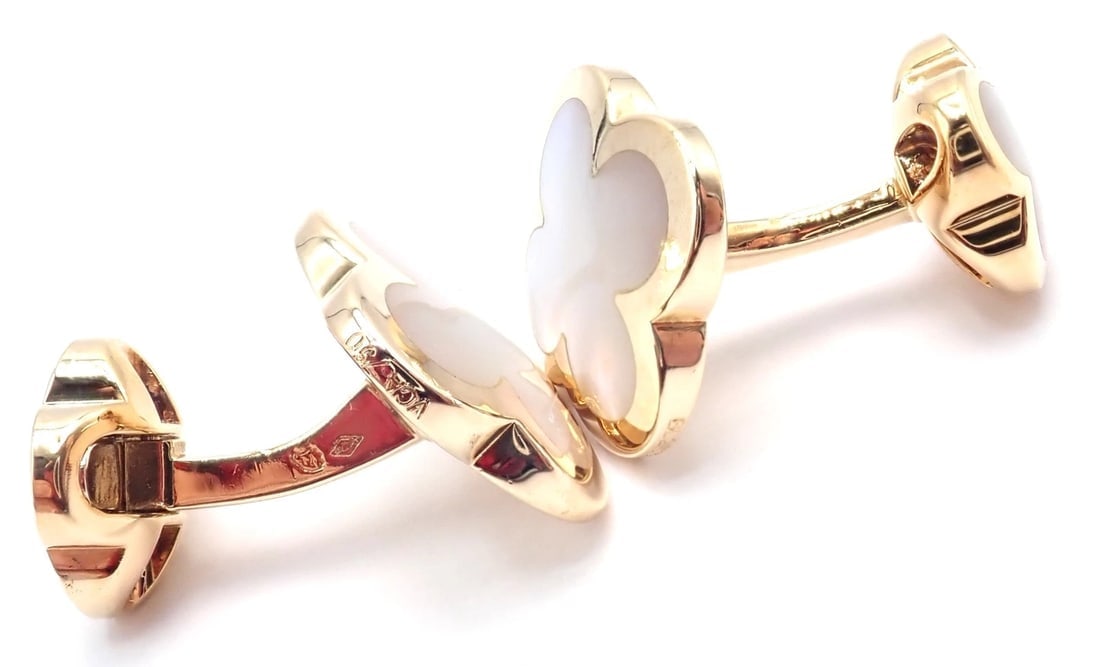 Van Cleef & Arpels 18k Yellow Gold Pure Alhambra Mother Of Pearl Cufflinks Cert. - 5