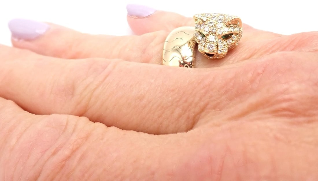 Authentic! Cartier Panther 18k Yellow Gold Diamond Emerald Onyx Band Ring - 12