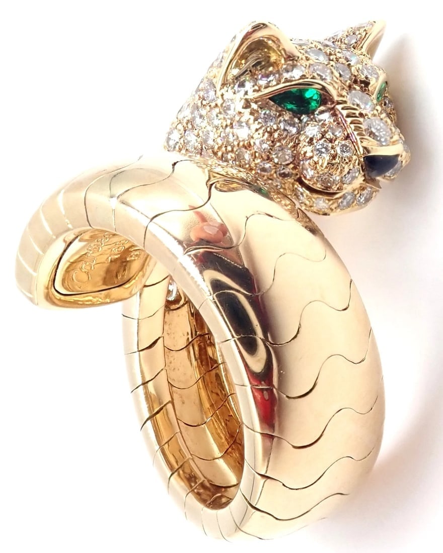 Authentic! Cartier Panther 18k Yellow Gold Diamond Emerald Onyx Band Ring - 8