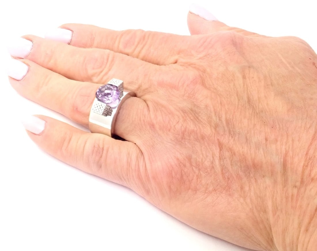 Authentic! Chopard 18k White Gold Diamond Amethyst Wide Band Ring - 10