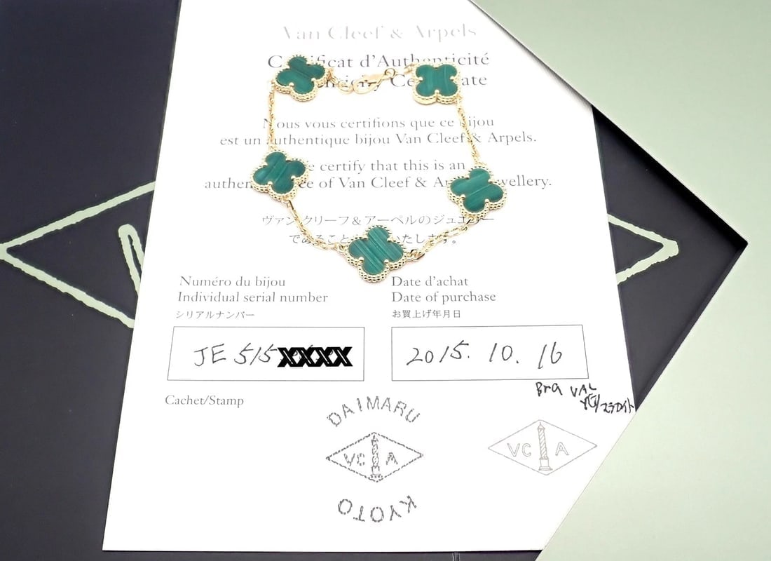 Authentic! Van Cleef & Arpels 18k Gold 5 Motif Malachite Alhambra Bracelet Cert. - 10