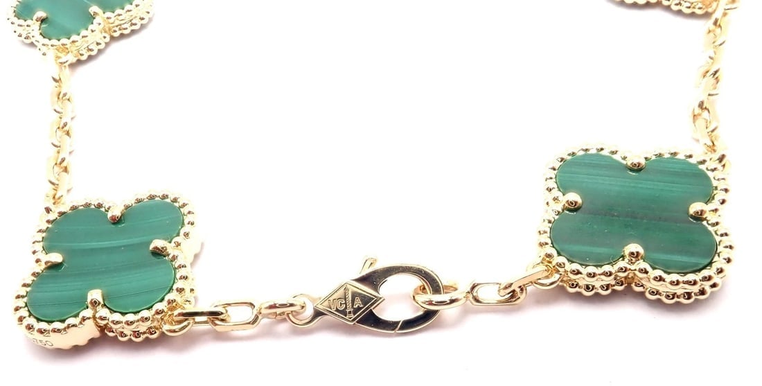 Authentic! Van Cleef & Arpels 18k Gold 5 Motif Malachite Alhambra Bracelet Cert. - 3
