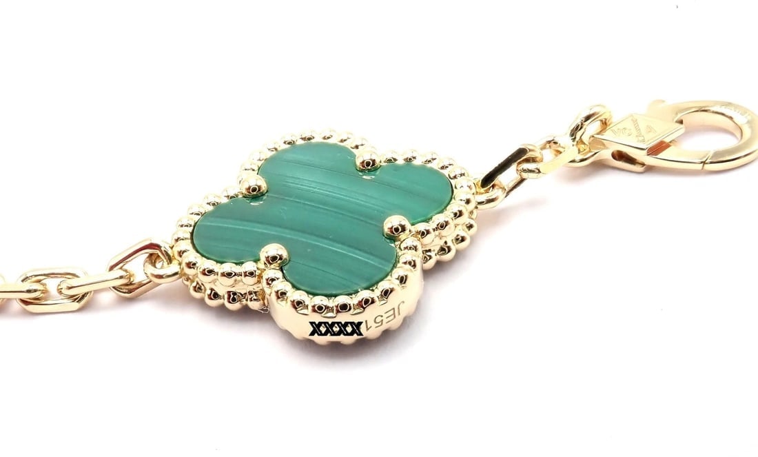Authentic! Van Cleef & Arpels 18k Gold 5 Motif Malachite Alhambra Bracelet Cert. - 7