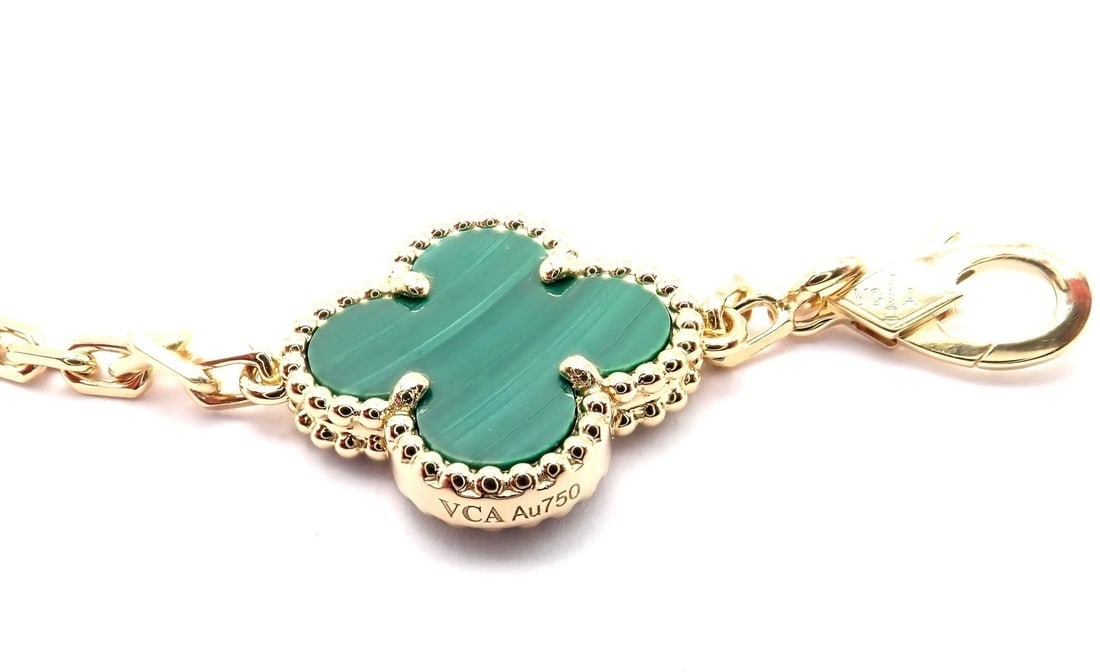 Authentic! Van Cleef & Arpels 18k Gold 5 Motif Malachite Alhambra Bracelet Cert. - 8