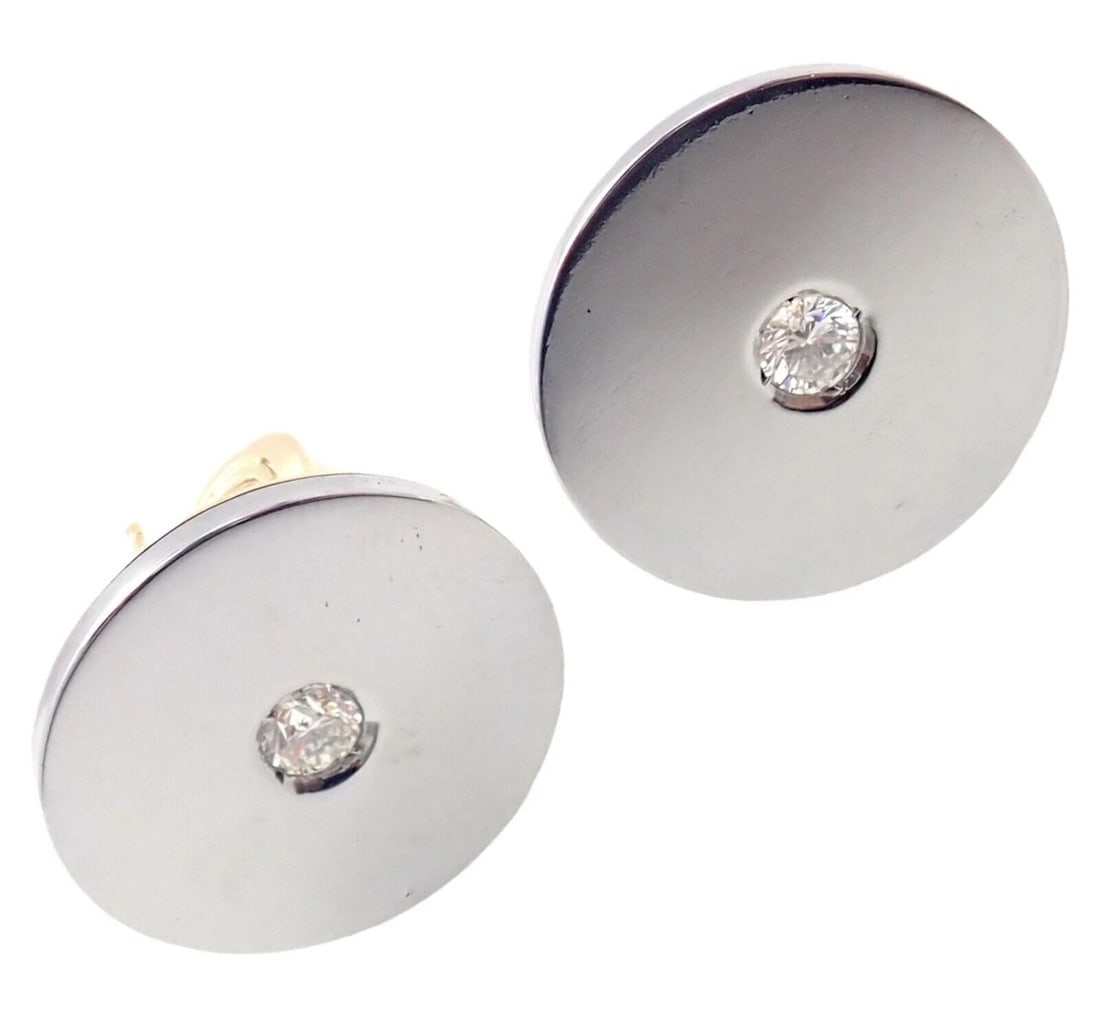 Rare! Authentic Bvlgari Bulgari 18k Yellow + White Gold Diamond Disc Earrings - 10
