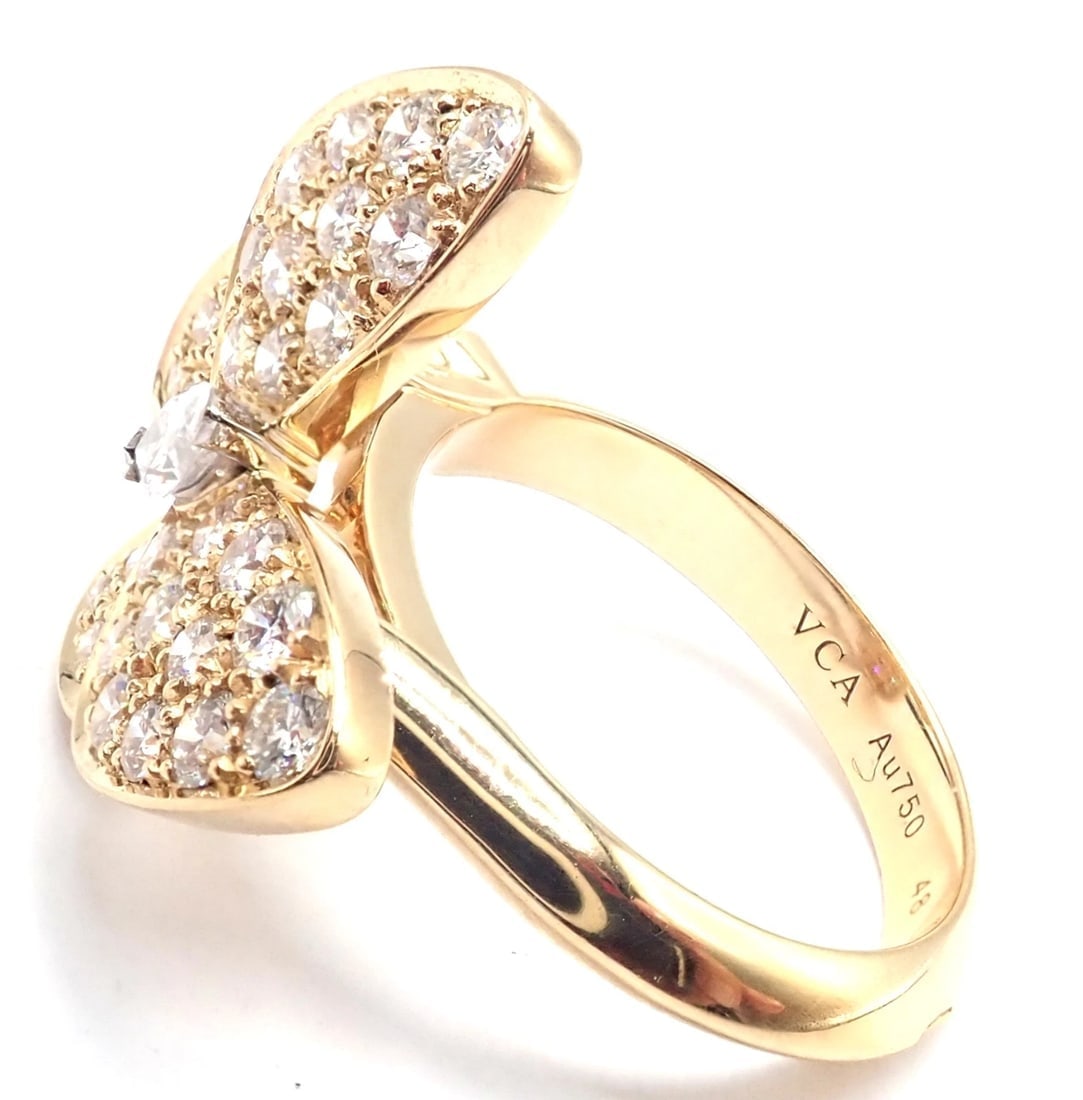 Authentic! Van Cleef & Arpels 18k Yellow Gold Diamond Two Butterfly Ring Cert. - 8