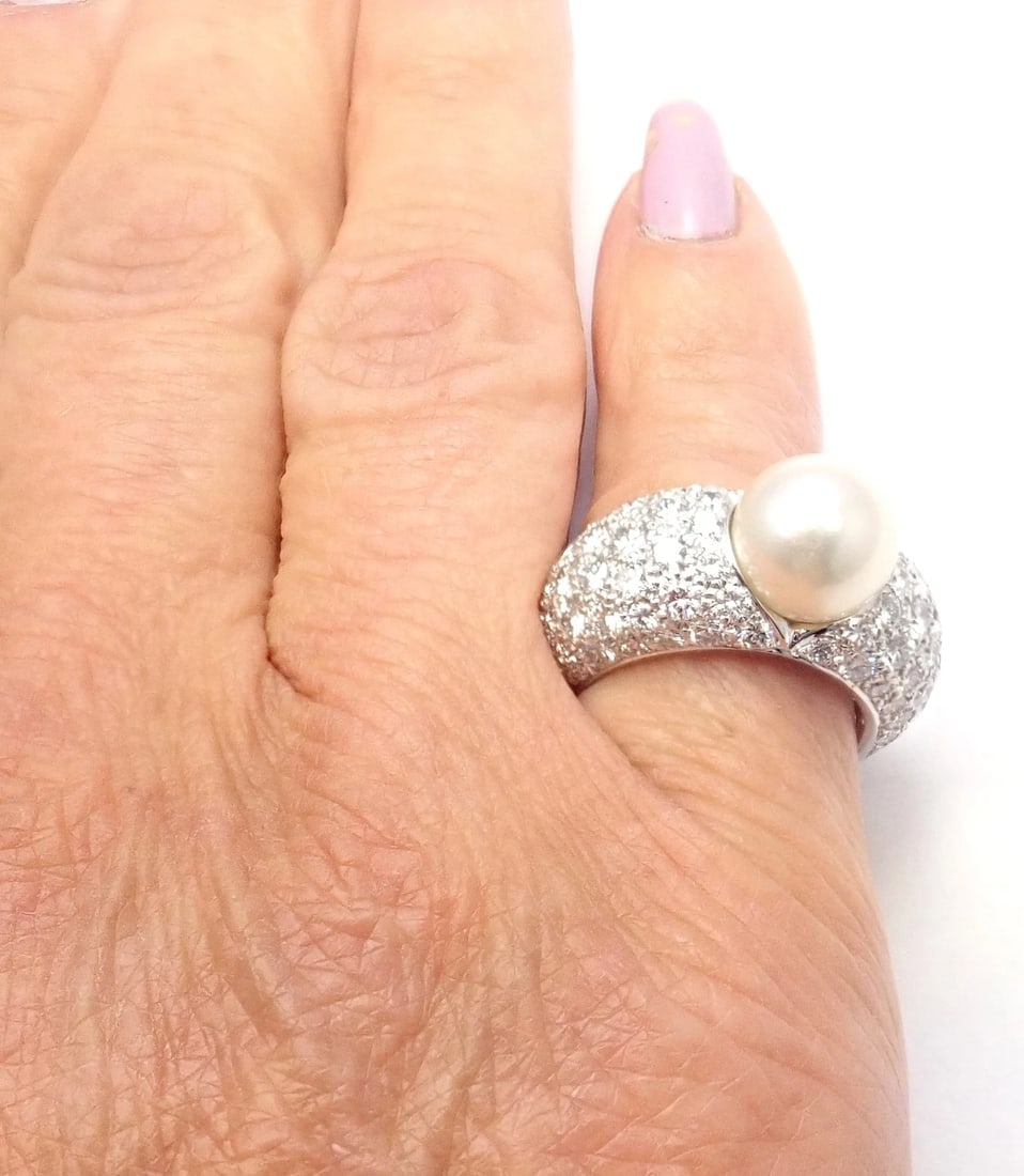 Authentic! Cartier Juliette 18k White Gold Cultured Pearl Diamond Band Ring - 10