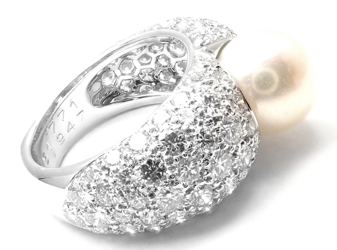 Authentic! Cartier Juliette 18k White Gold Cultured Pearl Diamond Band Ring - 4