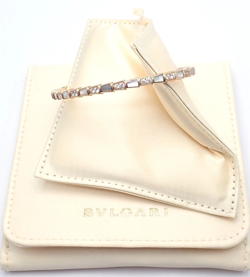 Authentic! Bulgari Bvlgari Serpenti Viper 18k Gold Diamond MOP Bangle Bracelet - 3
