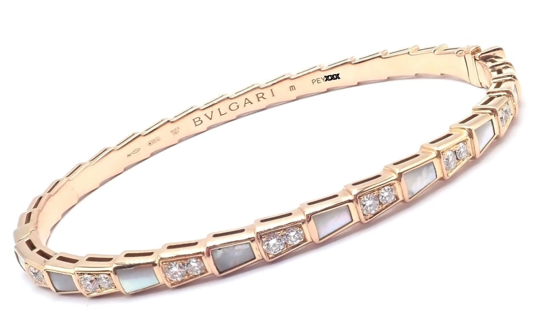 Authentic! Bulgari Bvlgari Serpenti Viper 18k Gold Diamond MOP Bangle Bracelet - 4