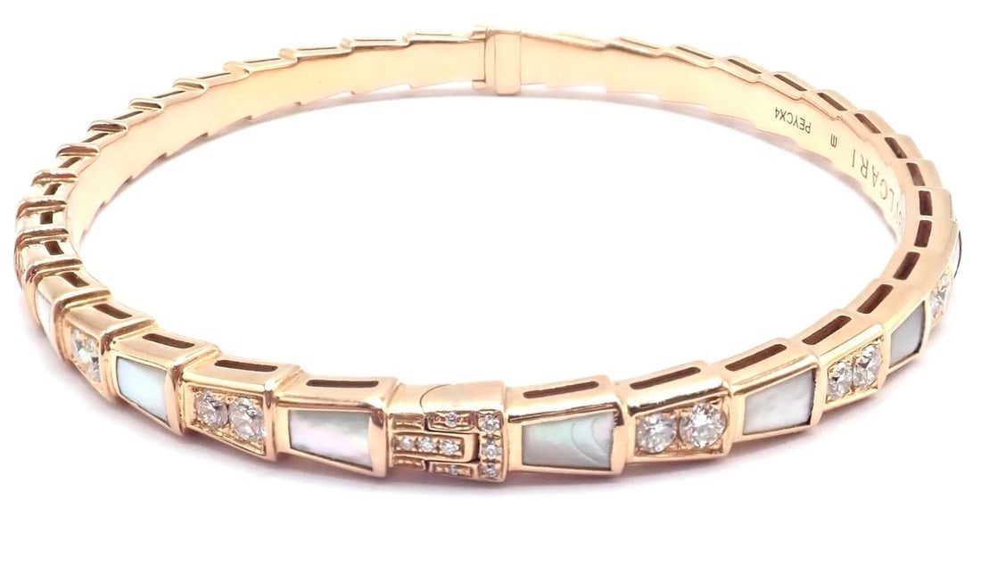 Authentic! Bulgari Bvlgari Serpenti Viper 18k Gold Diamond MOP Bangle Bracelet - 5