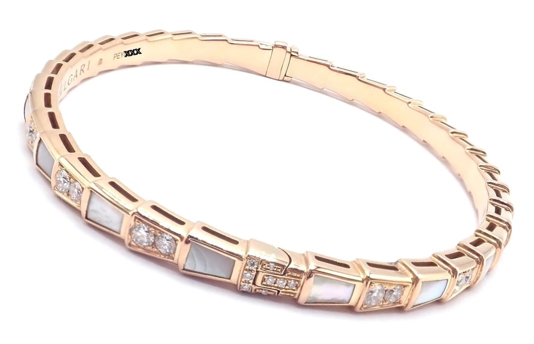Authentic! Bulgari Bvlgari Serpenti Viper 18k Gold Diamond MOP Bangle Bracelet - 6