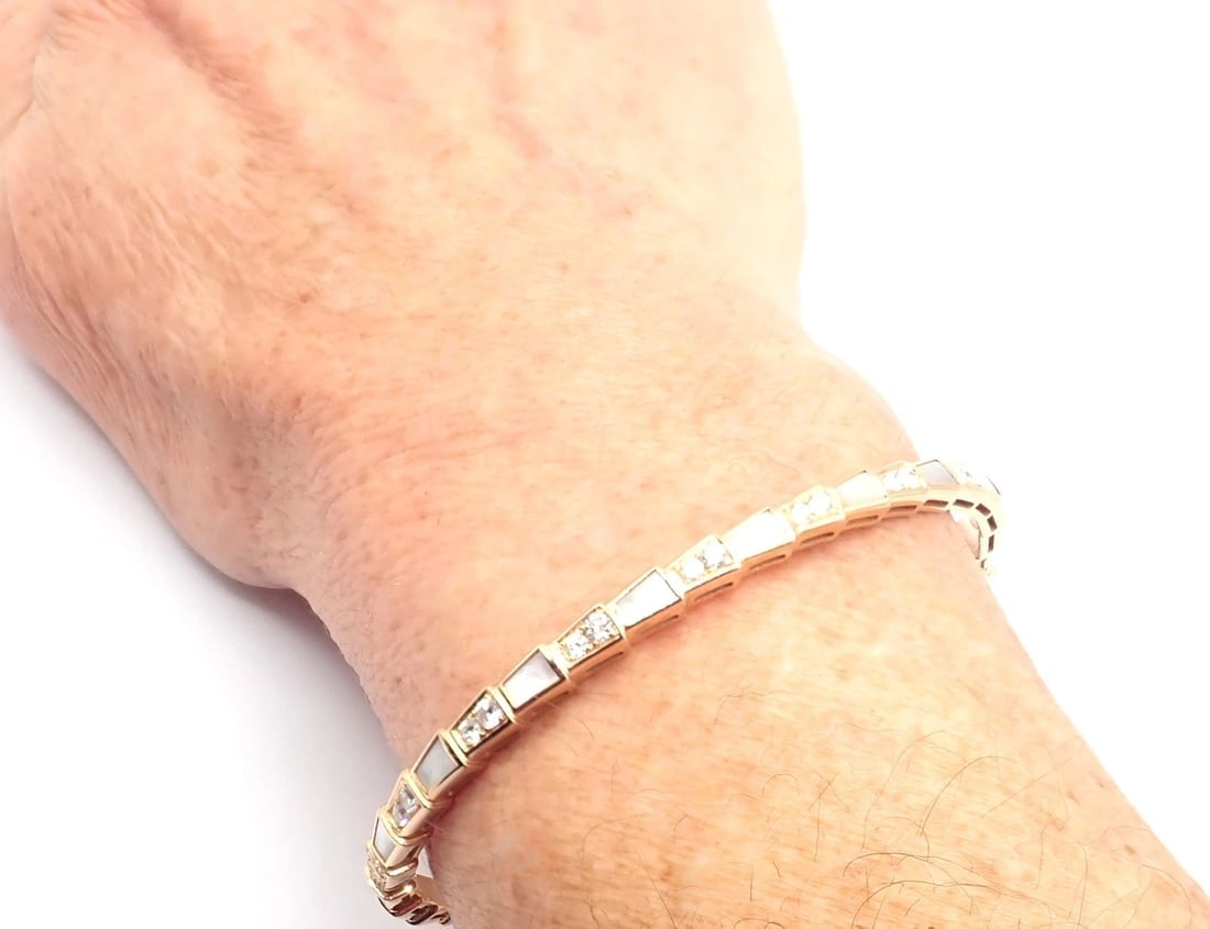 Authentic! Bulgari Bvlgari Serpenti Viper 18k Gold Diamond MOP Bangle Bracelet - 9