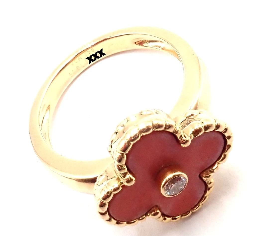 Authentic! Van Cleef & Arpels Alhambra 18k Yellow Gold Coral Diamond Ring Paper - 11