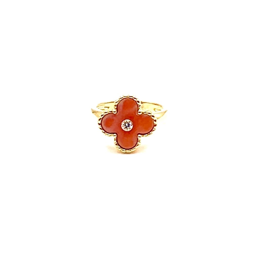 Authentic! Van Cleef & Arpels Alhambra 18k Yellow Gold Coral Diamond Ring Paper - 2