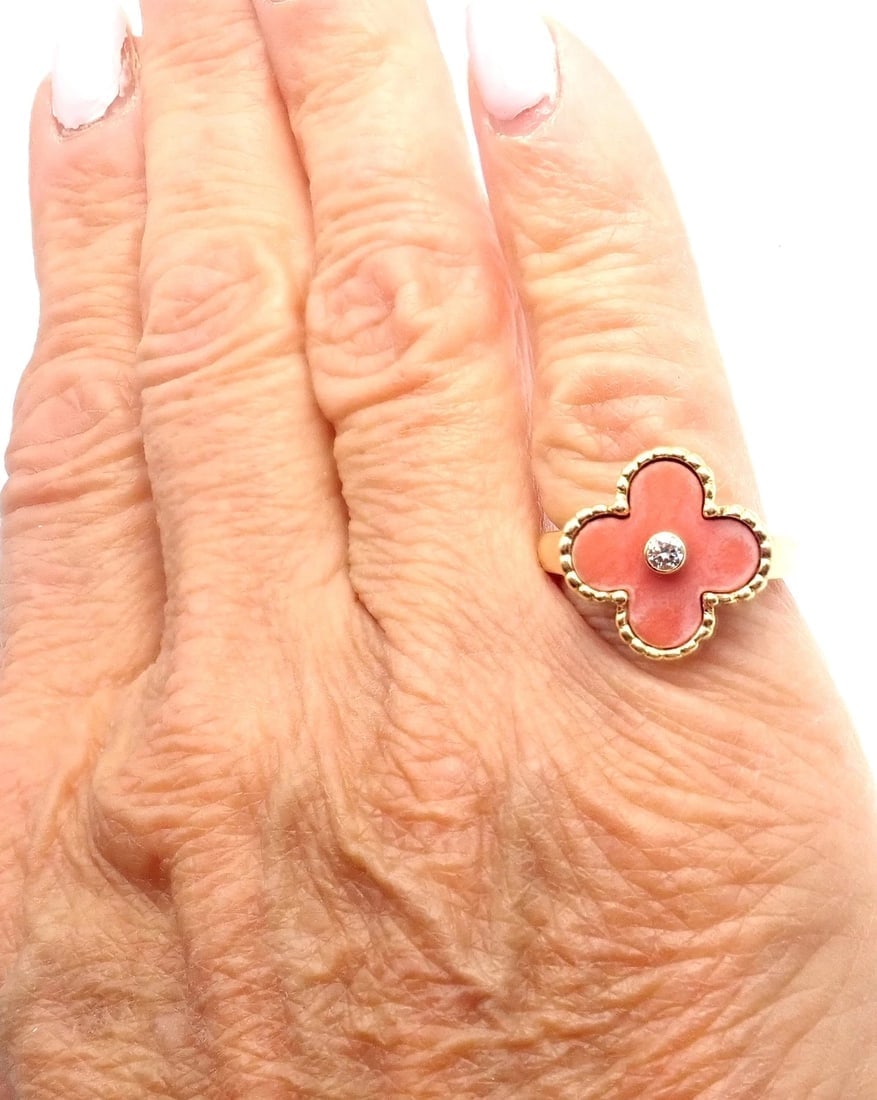 Authentic! Van Cleef & Arpels Alhambra 18k Yellow Gold Coral Diamond Ring Paper - 8