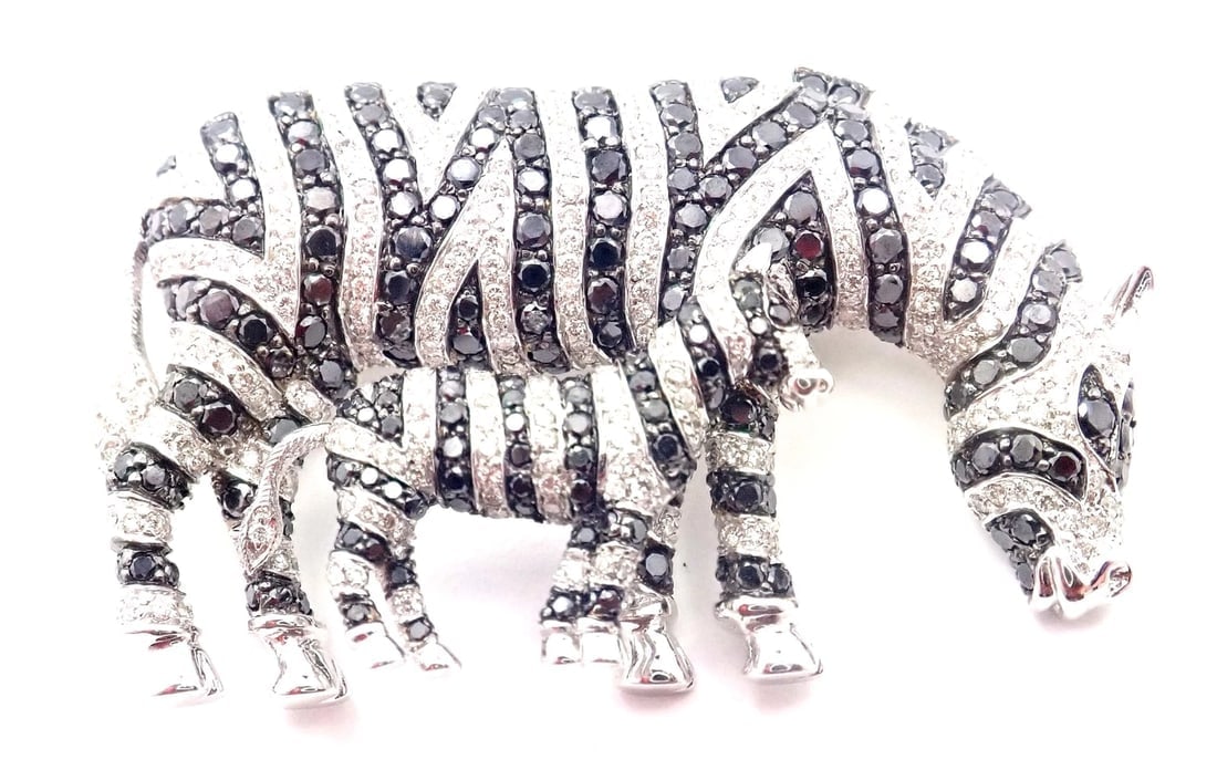 Authentic! Michele Della Valle 18k White Gold White & Black Diamond Zebra Brooch - 6