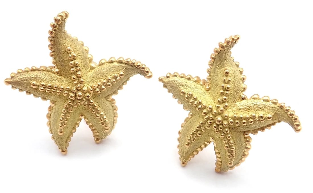 Authentic! Vintage Tiffany & Co Starfish 18k Yellow Gold Large Earrings - 4