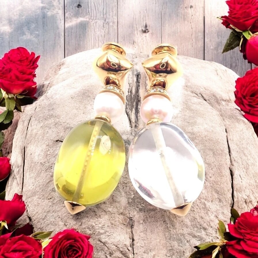 Authentic! Bulgari Bvlgari 18k Gold Diamond Pearl Peridot Crystal Drop Earrings - 2