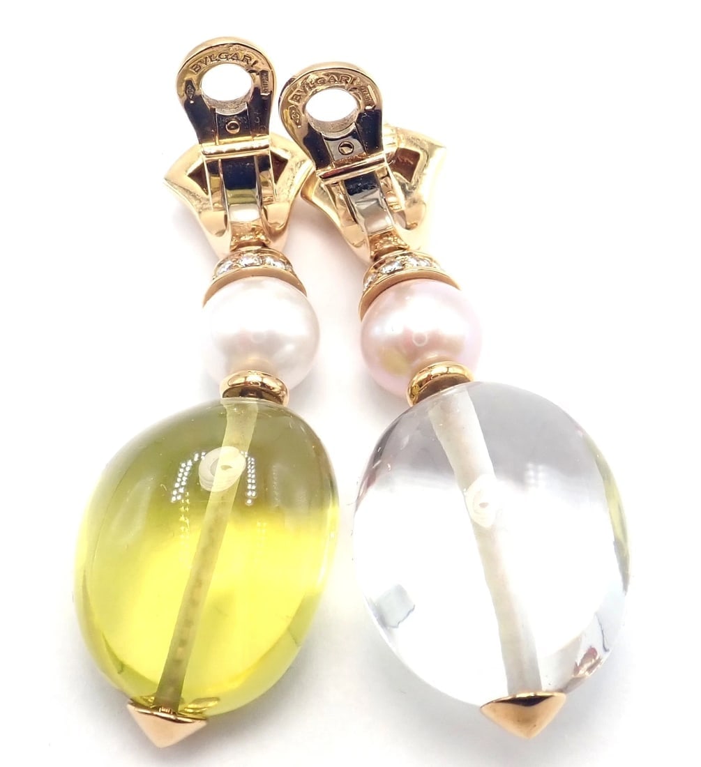 Authentic! Bulgari Bvlgari 18k Gold Diamond Pearl Peridot Crystal Drop Earrings - 8