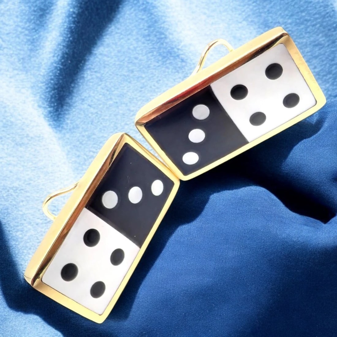 Tiffany & Co Cummings 18k Yellow Gold Inlaid Black Jade MOP Domino Earrings - 3