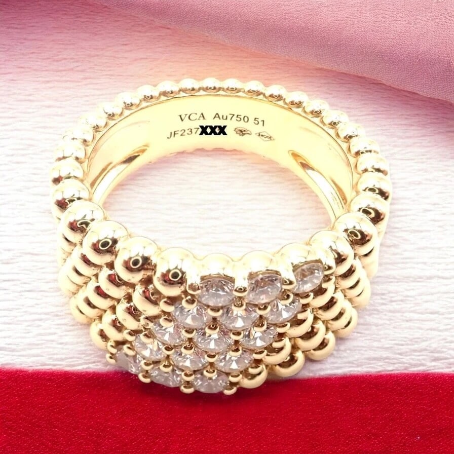 Van Cleef & Arpels 18k Yellow Gold Perlee Diamond 5 Row Band Ring Size 5.75 Cert - 2